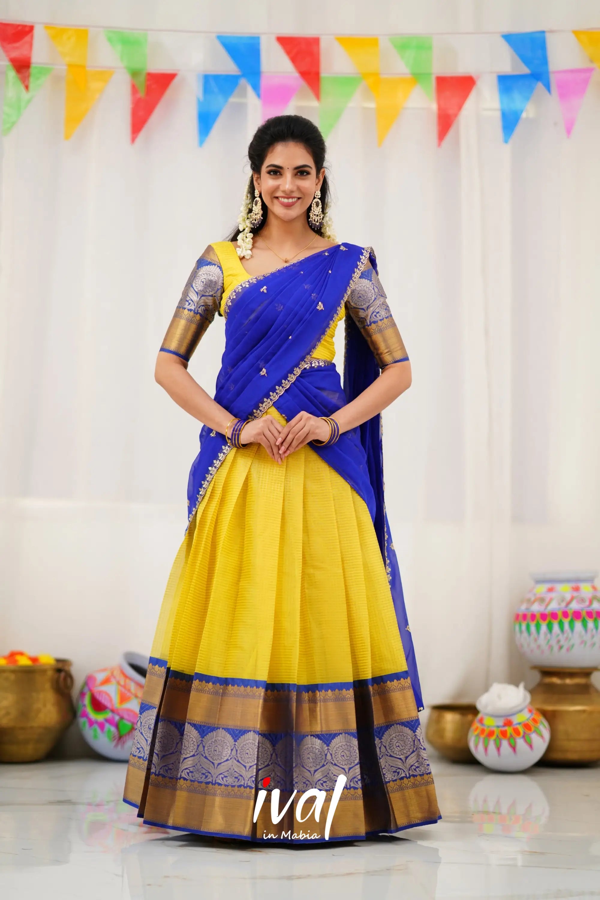 Izhaiyini Organza Halfsaree - Yellow And Royal Blue Half Sarees