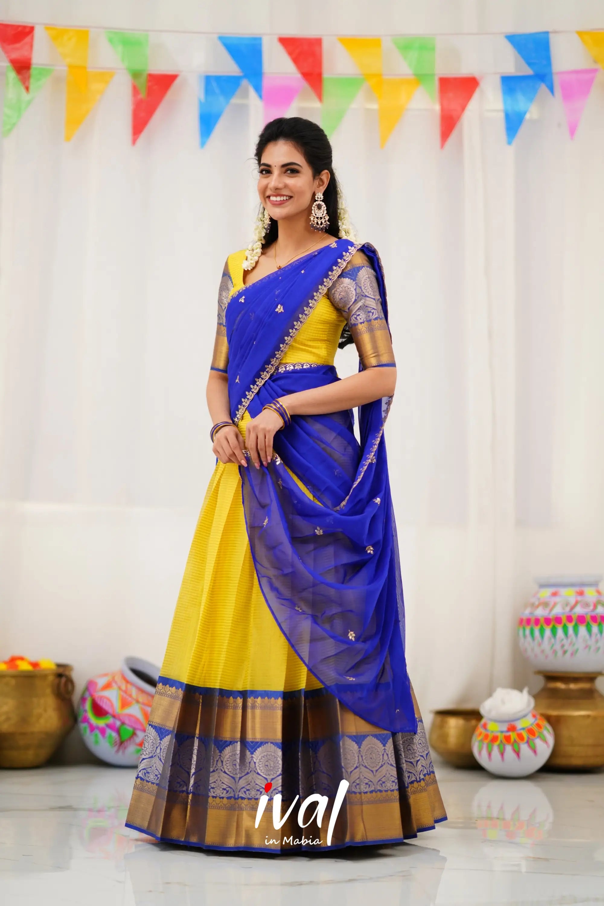 Izhaiyini Organza Halfsaree - Yellow And Royal Blue Half Sarees