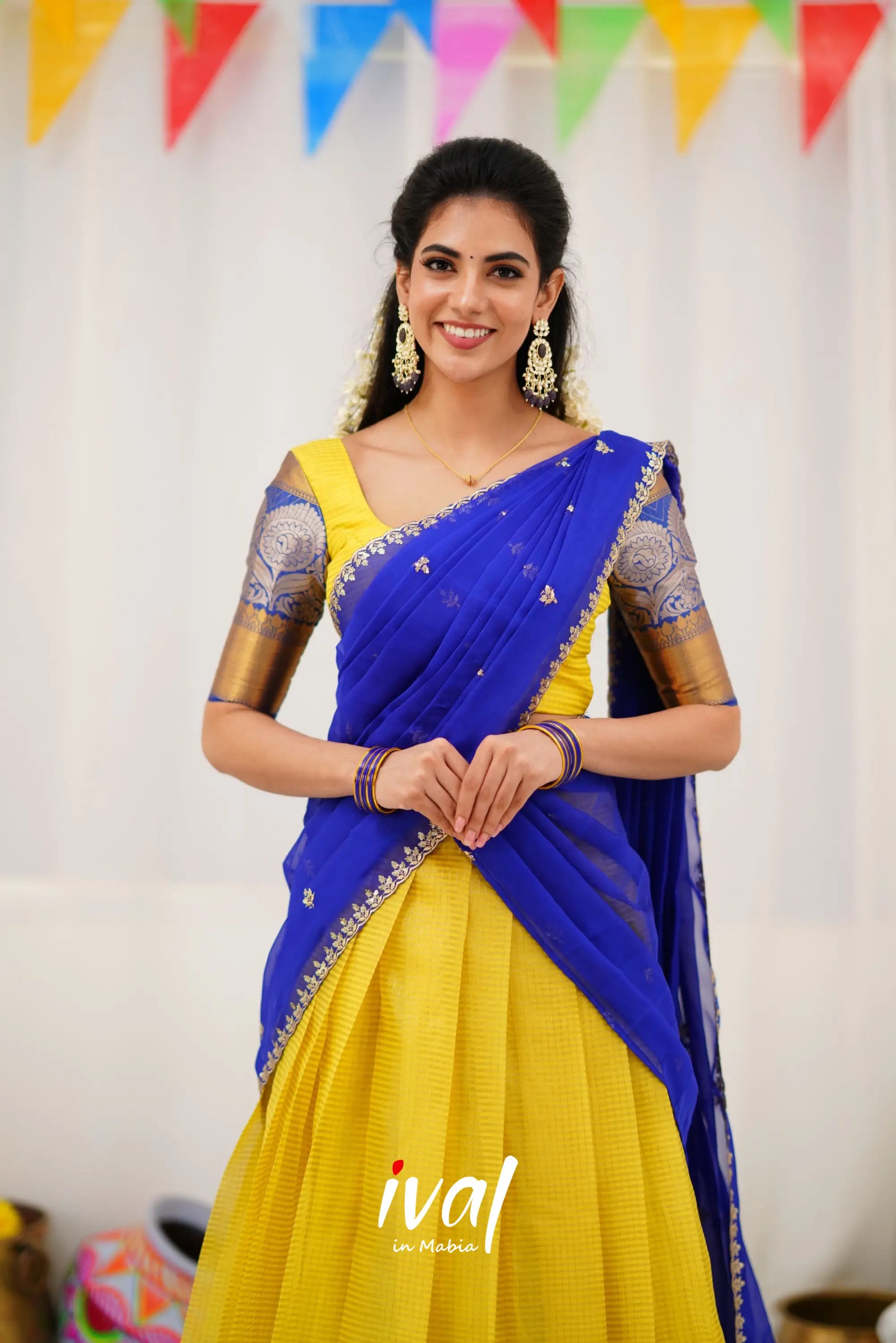 Izhaiyini Organza Halfsaree - Yellow And Royal Blue Half Sarees