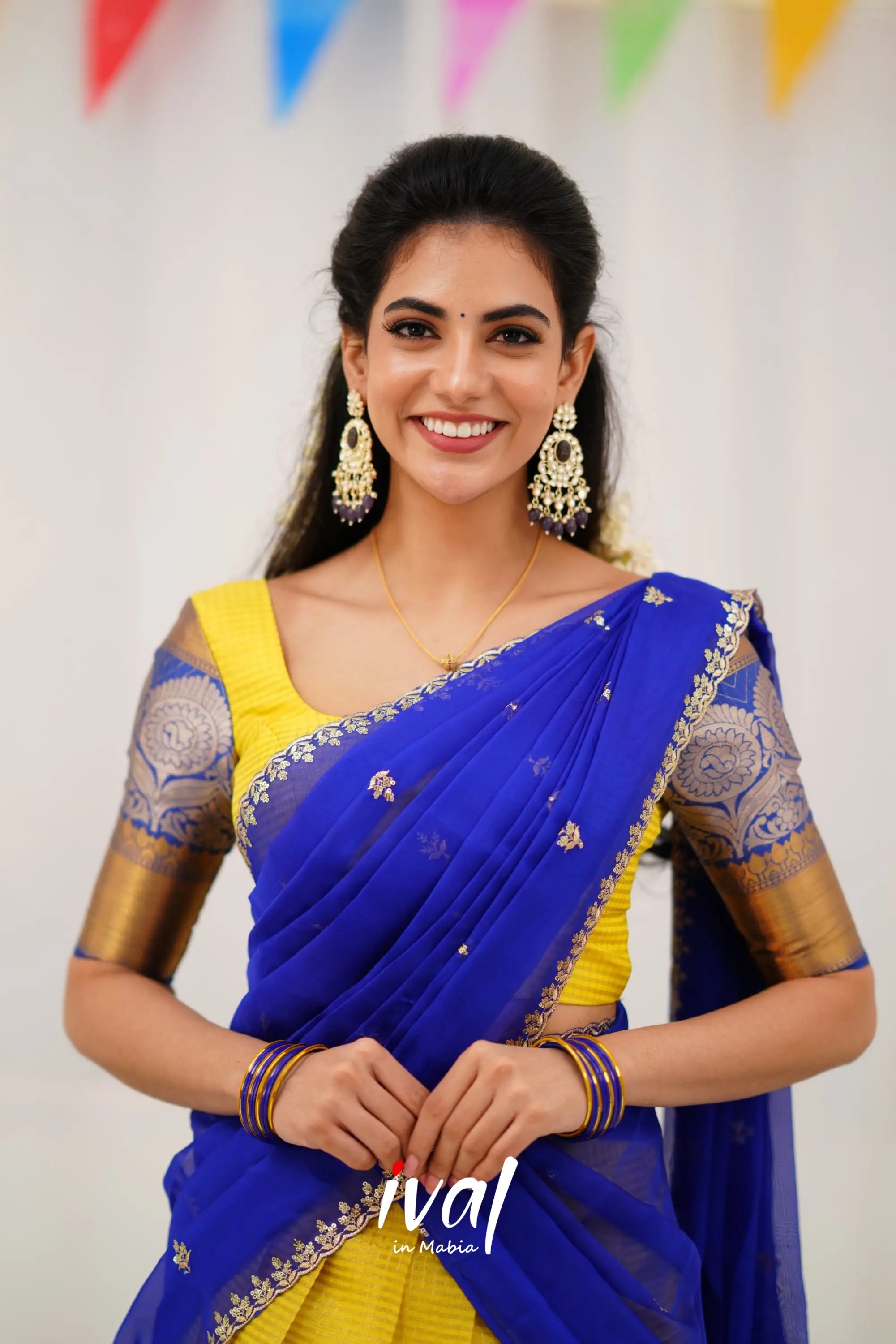 Izhaiyini Organza Halfsaree - Yellow And Royal Blue Half Sarees