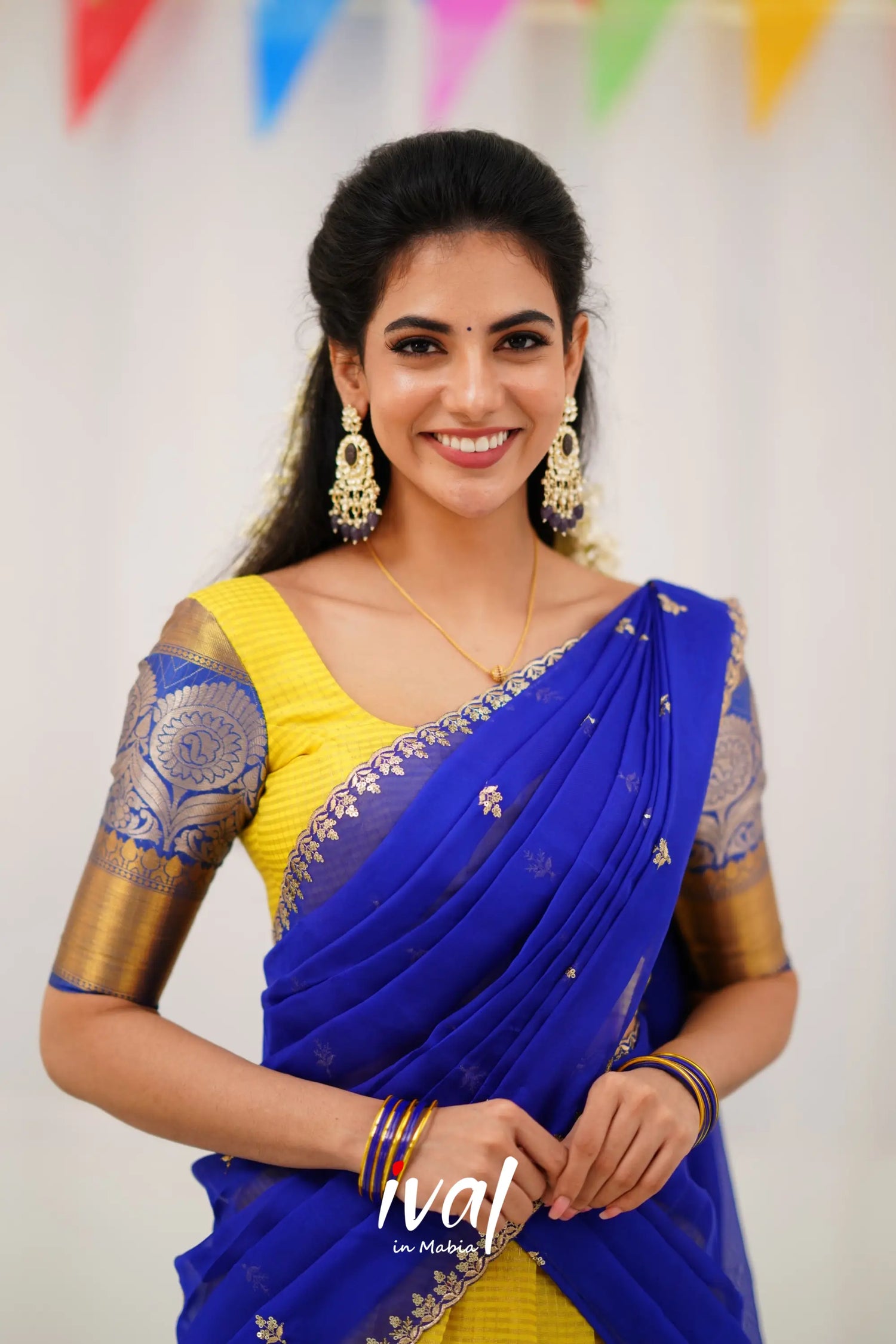 Izhaiyini Organza Halfsaree - Yellow And Royal Blue Half Sarees