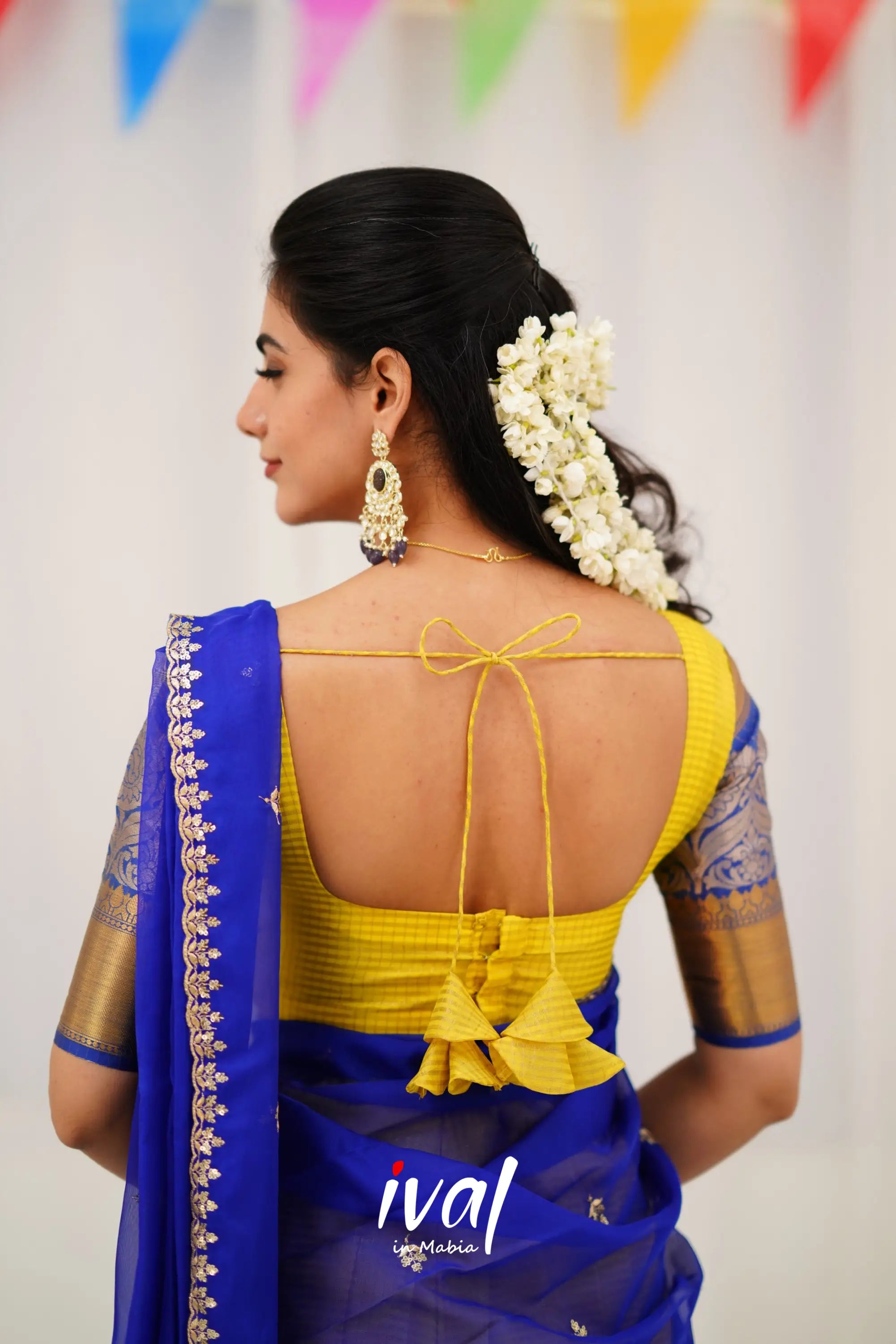 Izhaiyini Organza Halfsaree - Yellow And Royal Blue Half Sarees