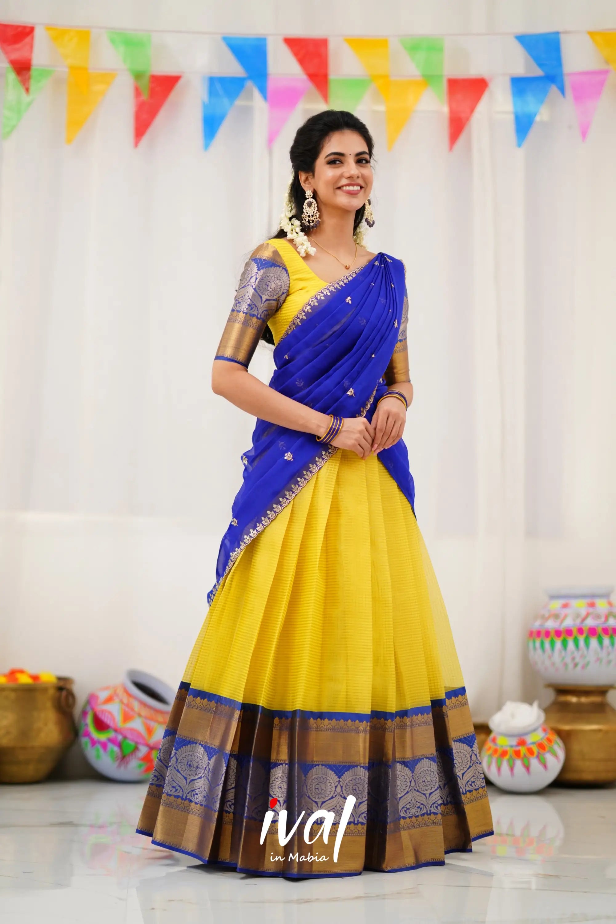 Izhaiyini Organza Halfsaree - Yellow And Royal Blue Half Sarees