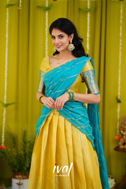 Izhaiyini Organza Halfsaree - Yellow And Teal Blue Half Sarees