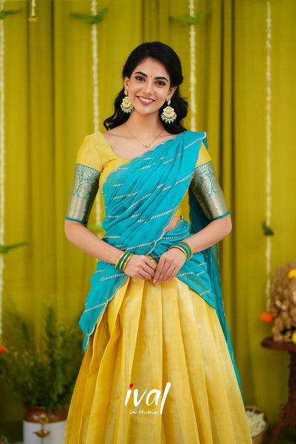 Izhaiyini Organza Halfsaree - Yellow And Teal Blue Half Sarees