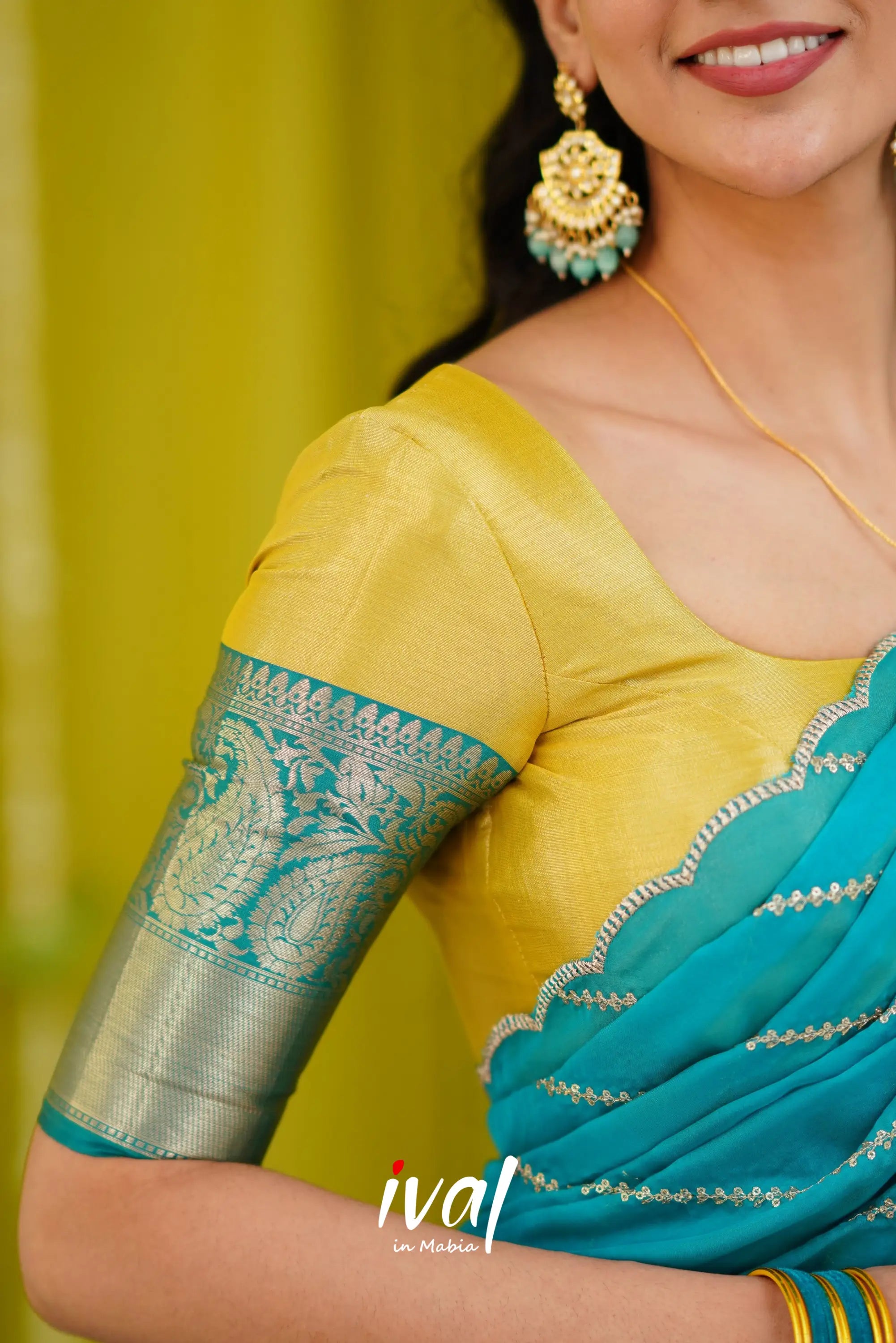 Izhaiyini Organza Halfsaree - Yellow And Teal Blue Half Sarees