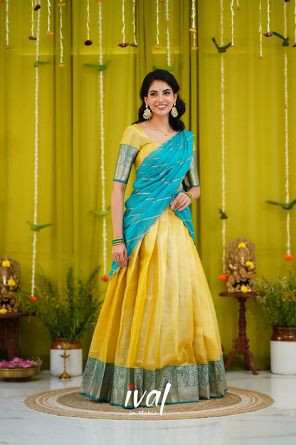 Izhaiyini Organza Halfsaree - Yellow And Teal Blue Half Sarees