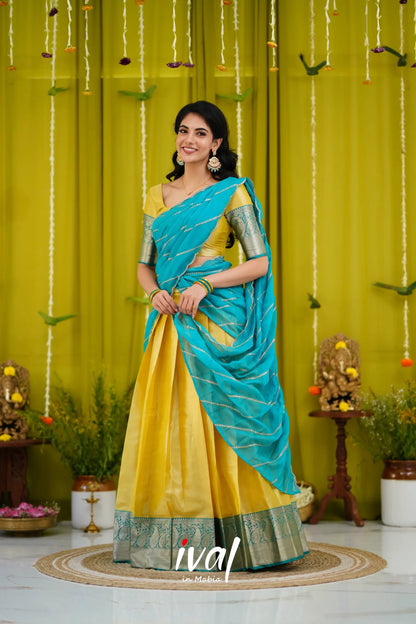 Izhaiyini Organza Halfsaree - Yellow And Teal Blue Half Sarees