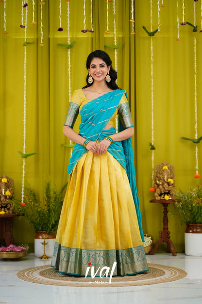 Izhaiyini Organza Halfsaree - Yellow And Teal Blue Half Sarees