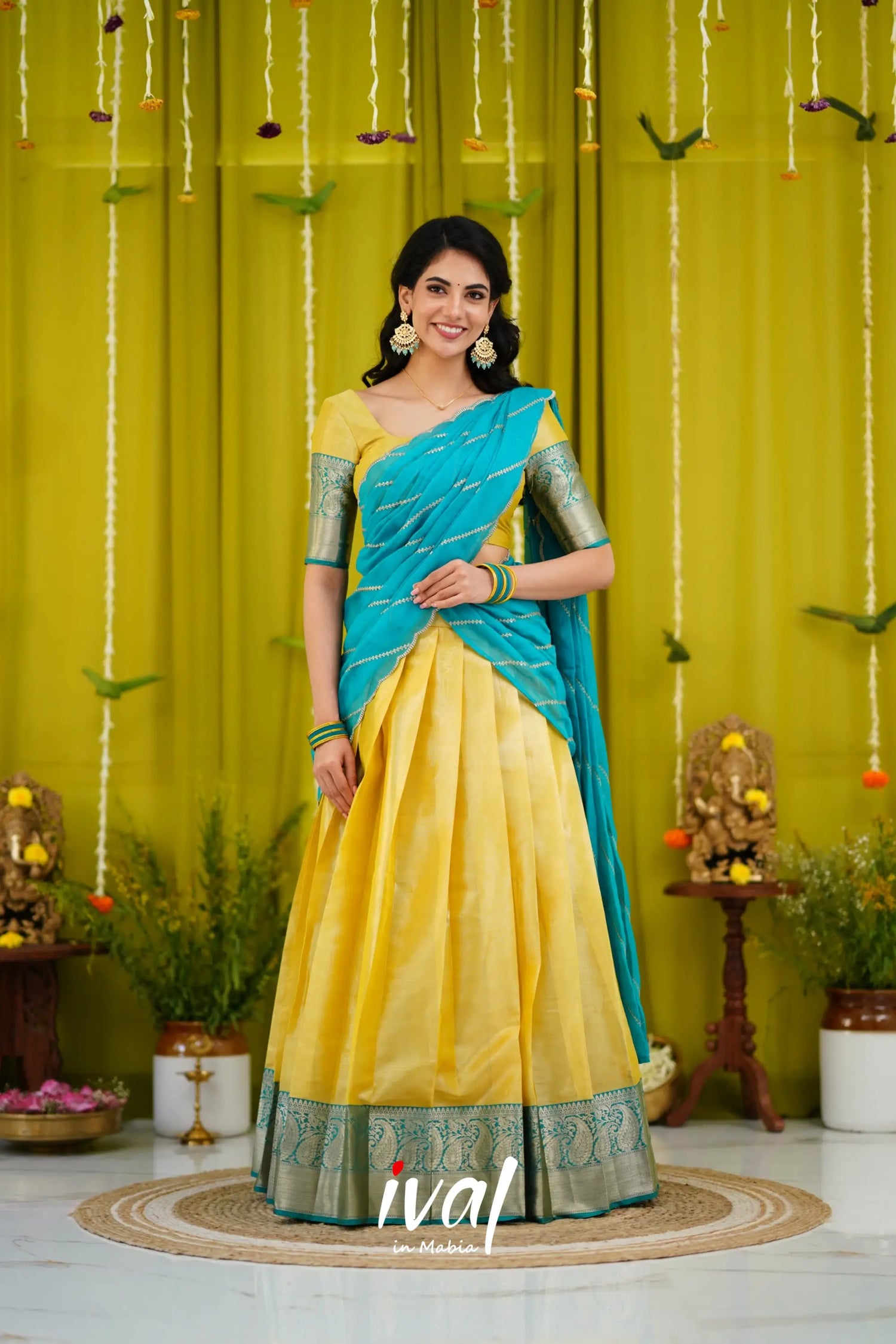 Izhaiyini Organza Halfsaree - Yellow And Teal Blue Half Sarees