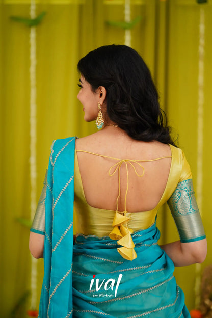 Izhaiyini Organza Halfsaree - Yellow And Teal Blue Half Sarees