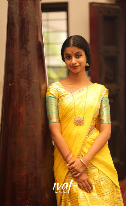 Izhaiyini Organza Halfsaree - Yellow and Turquoise Blue - Half Sarees