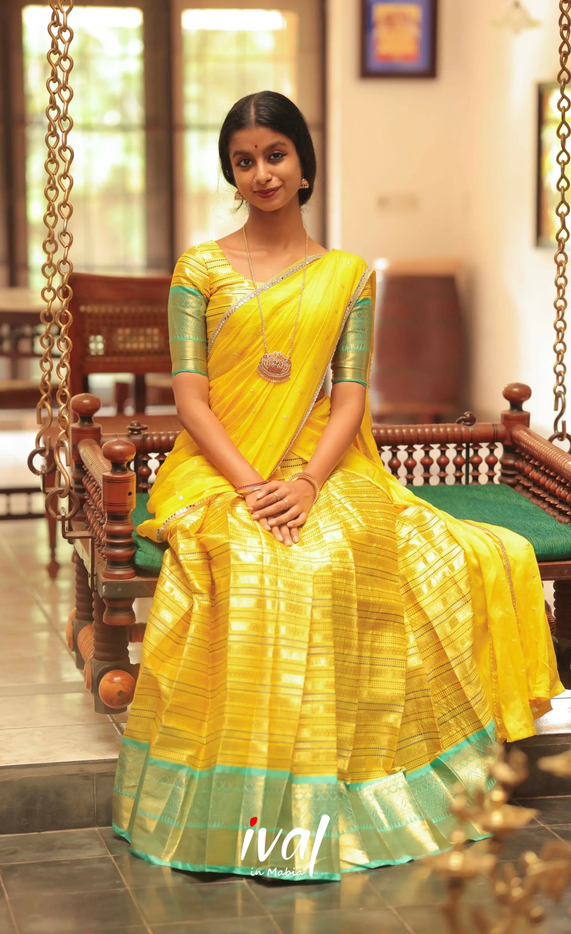 Izhaiyini Organza Halfsaree - Yellow and Turquoise Blue - Half Sarees