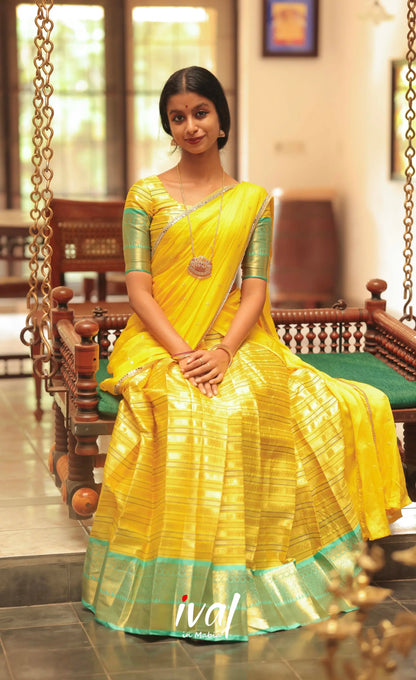 Izhaiyini Organza Halfsaree - Yellow and Turquoise Blue - Half Sarees