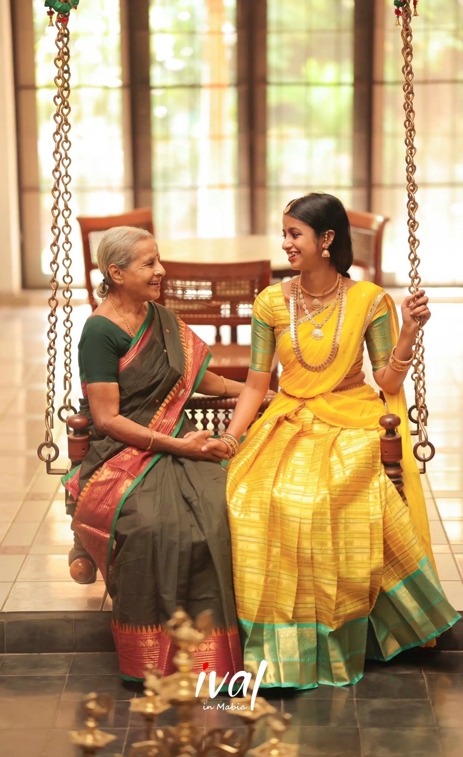 Izhaiyini Organza Halfsaree - Yellow and Turquoise Blue - Half Sarees