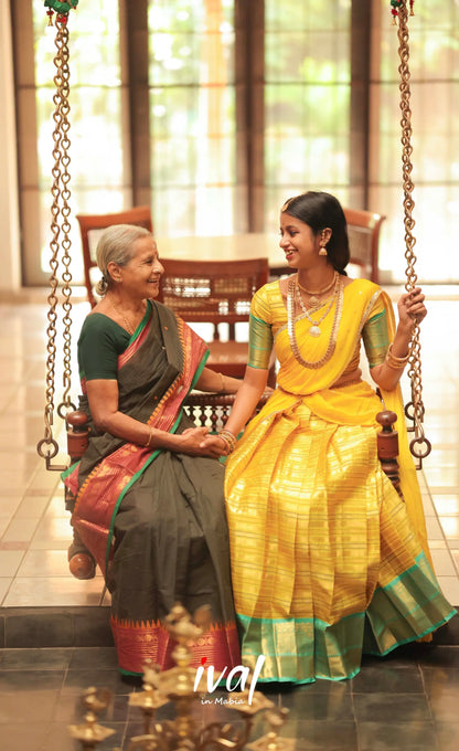 Izhaiyini Organza Halfsaree - Yellow and Turquoise Blue - Half Sarees