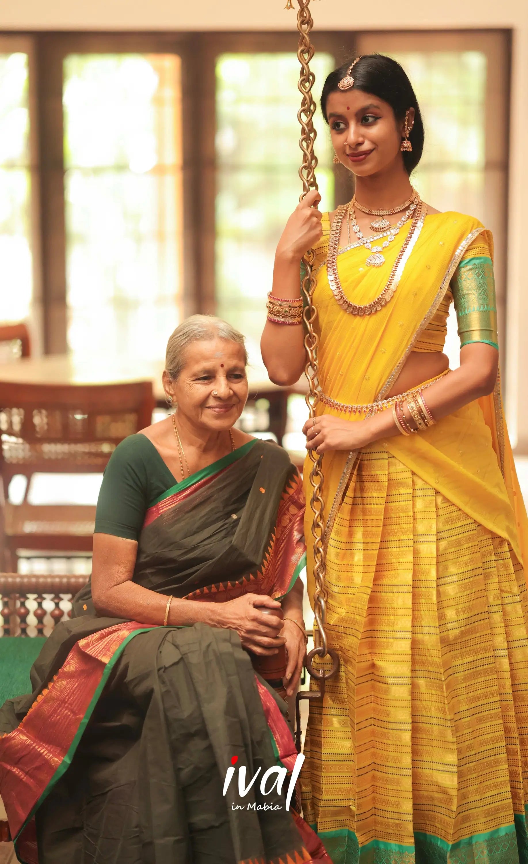 Izhaiyini Organza Halfsaree - Yellow and Turquoise Blue - Half Sarees