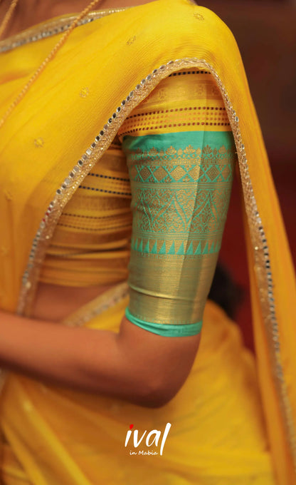 Izhaiyini Organza Halfsaree - Yellow and Turquoise Blue - Half Sarees
