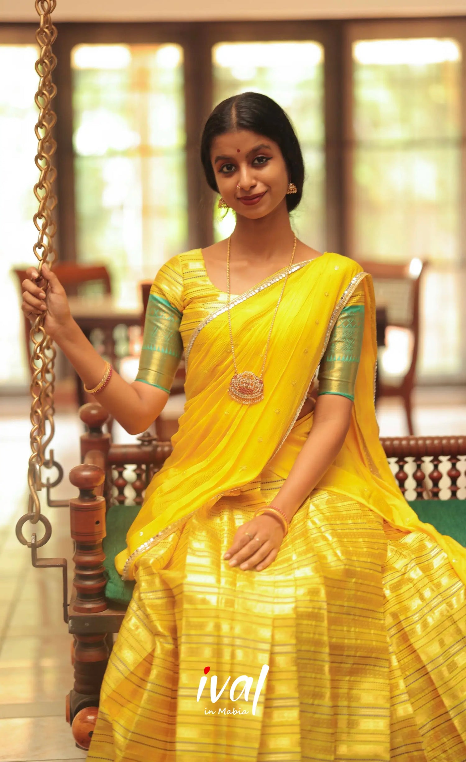 Izhaiyini Organza Halfsaree - Yellow and Turquoise Blue - Half Sarees