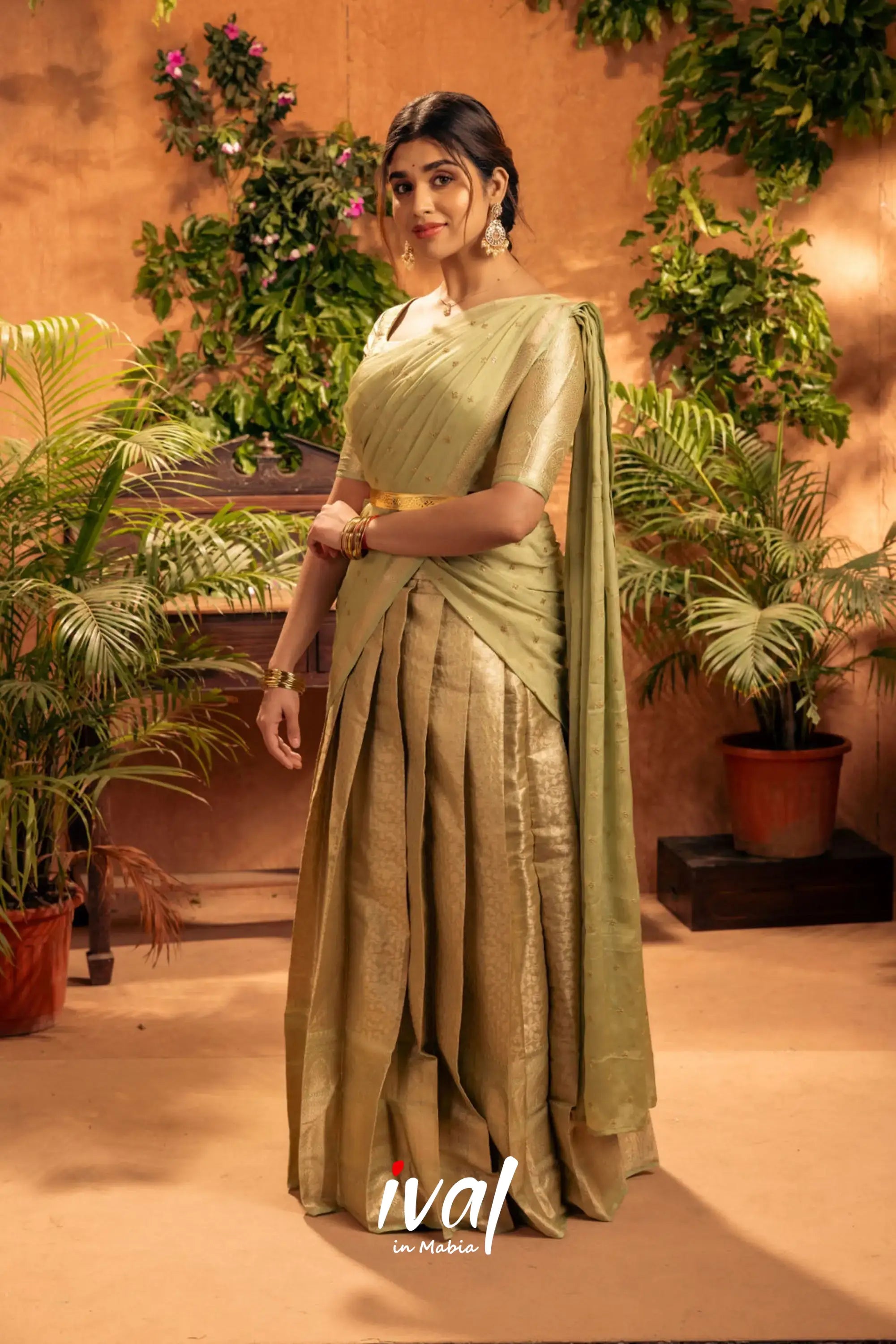 Izhaiyini - Pastel Green Banarasi Tissue Halfsaree Half Sarees