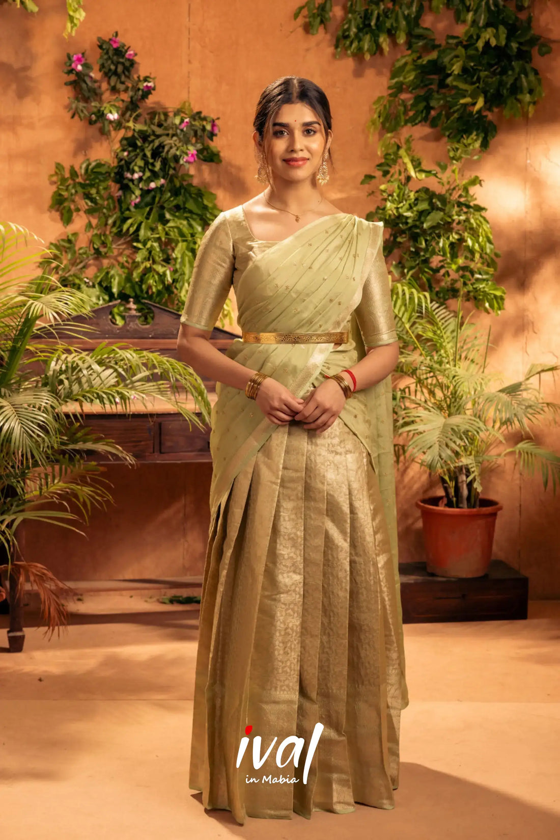 Izhaiyini - Pastel Green Banarasi Tissue Halfsaree Half Sarees