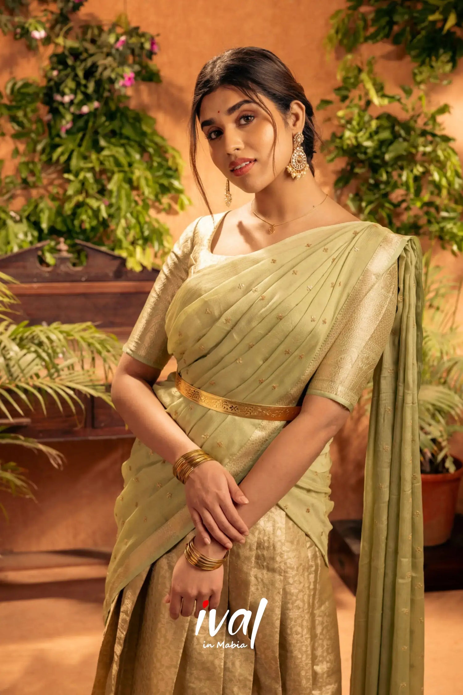 Izhaiyini - Pastel Green Banarasi Tissue Halfsaree Half Sarees