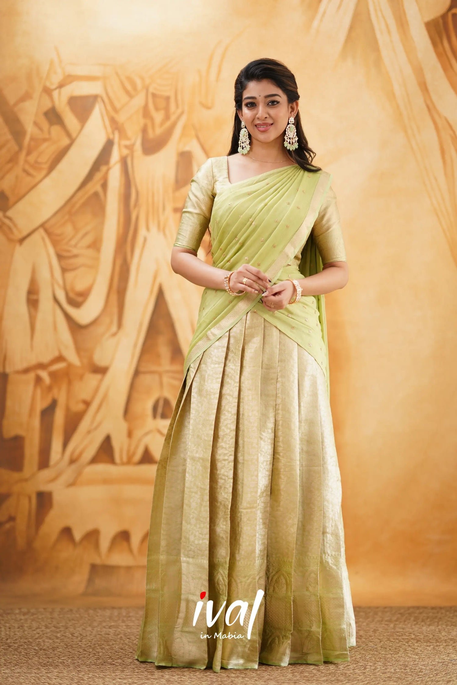 Izhaiyini - Pastel Green Banarasi Tissue Halfsaree Half Sarees