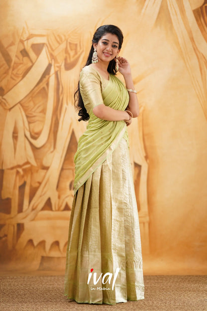 Izhaiyini - Pastel Green Banarasi Tissue Halfsaree Half Sarees