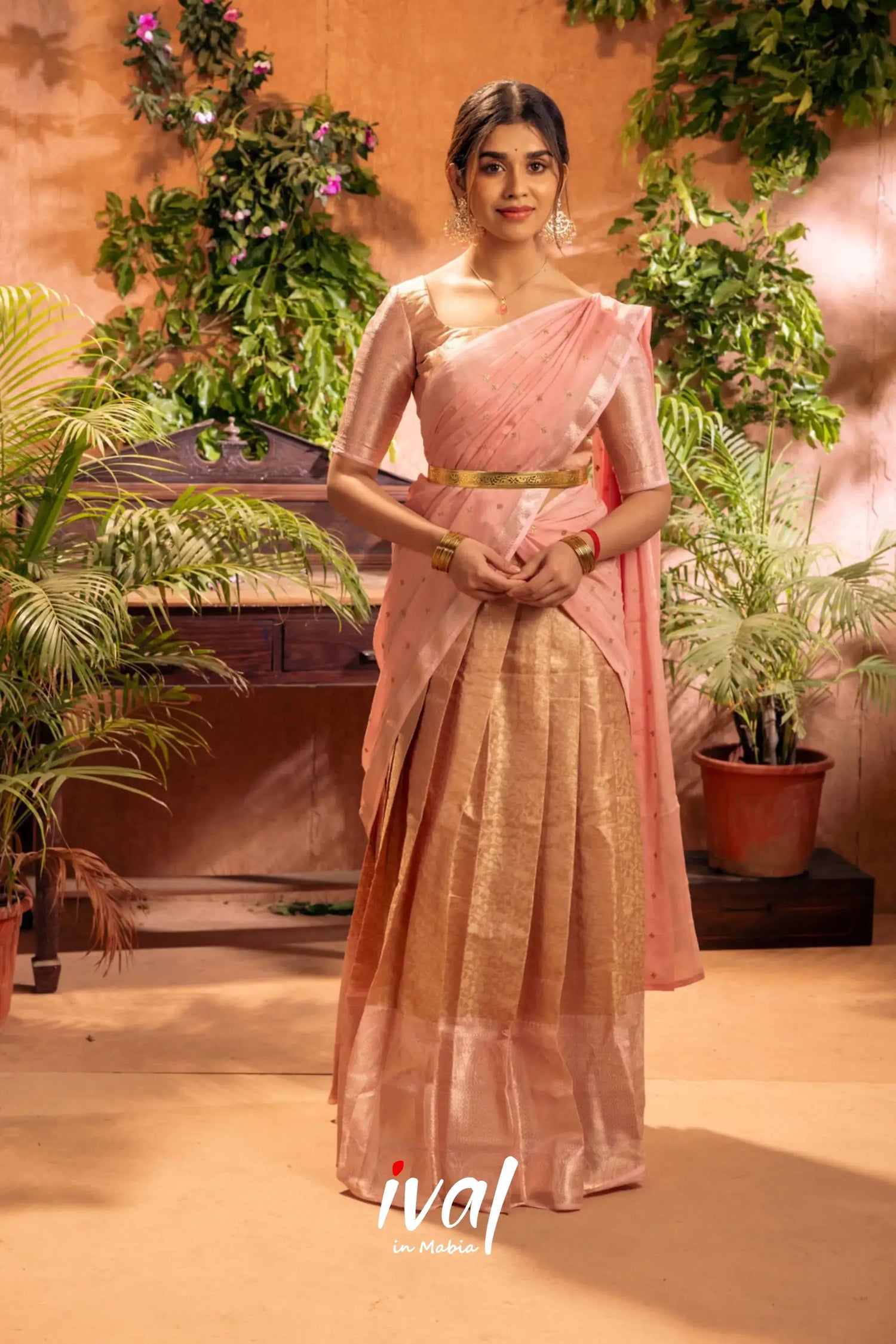 Izhaiyini - Pastel Pink Banarasi Tissue Halfsaree Half Sarees