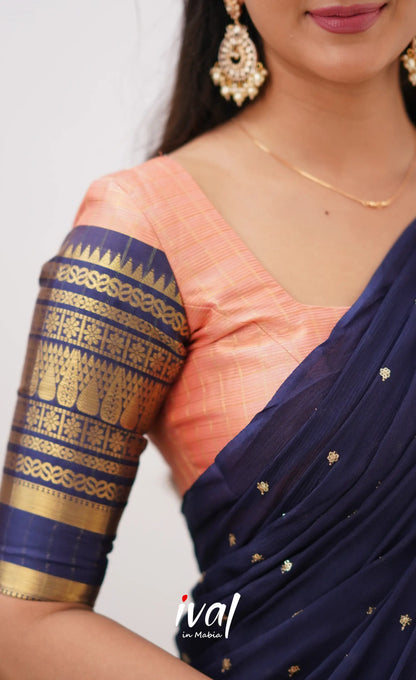 Izhaiyini-Peach And Navy Blue Organza Halfsaree Half Sarees