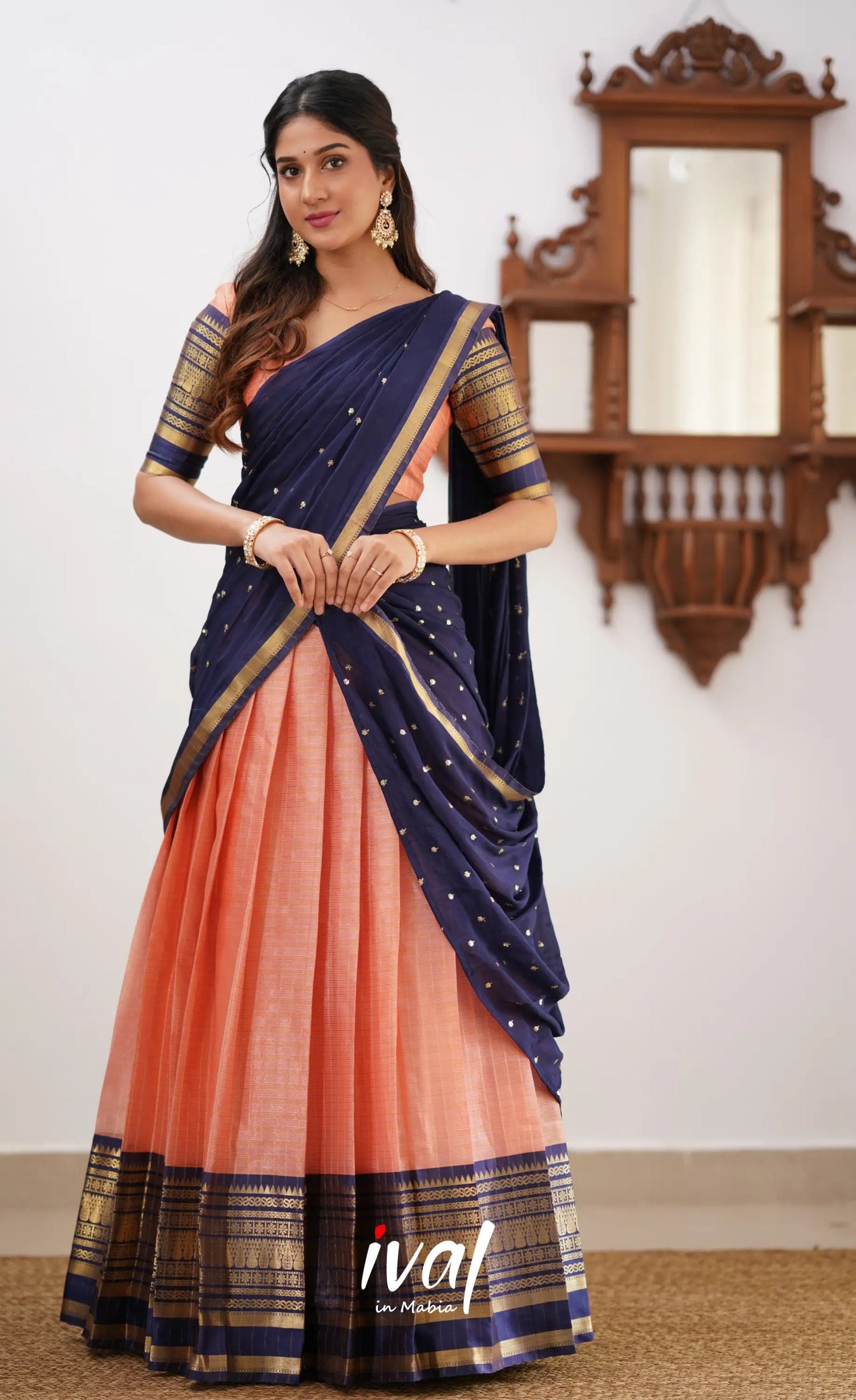 Izhaiyini-Peach And Navy Blue Organza Halfsaree Half Sarees