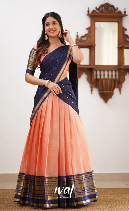 Izhaiyini-Peach And Navy Blue Organza Halfsaree Half Sarees