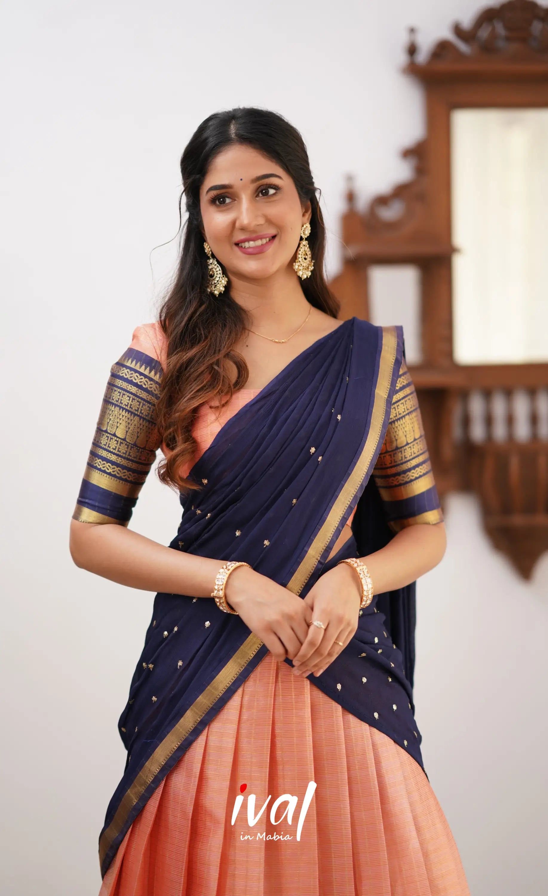 Izhaiyini-Peach And Navy Blue Organza Halfsaree Half Sarees