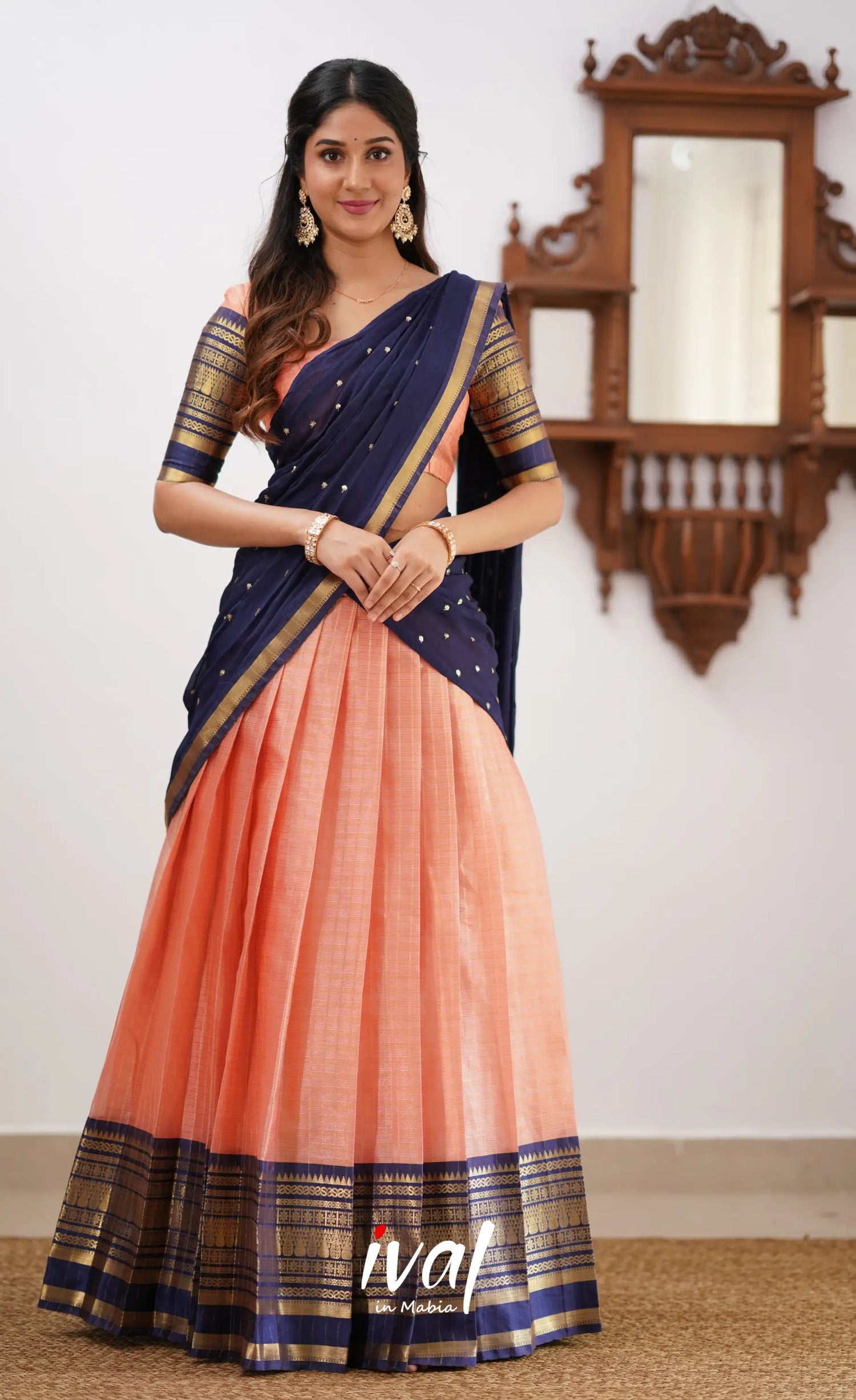 Izhaiyini-Peach And Navy Blue Organza Halfsaree Half Sarees