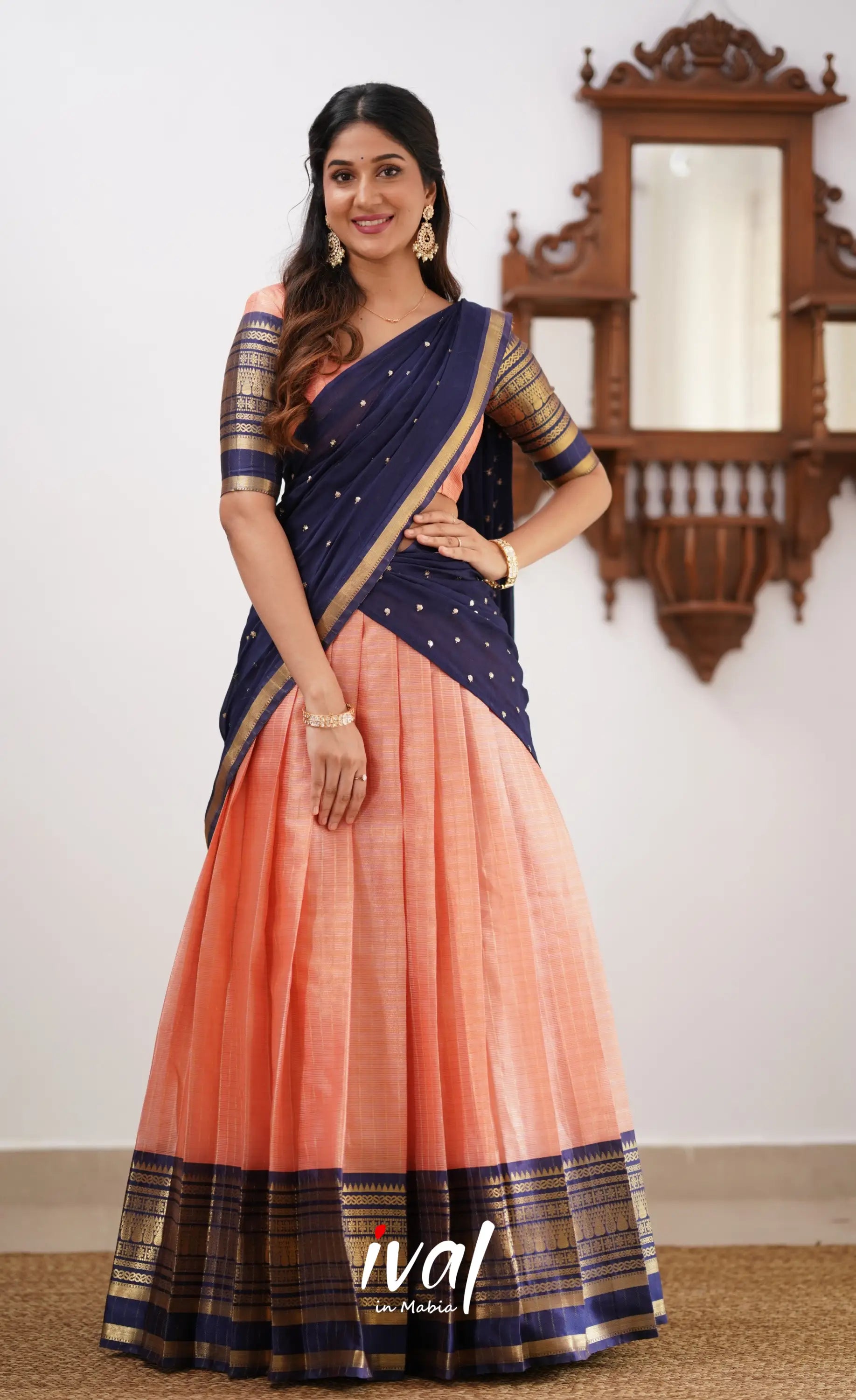 Izhaiyini-Peach And Navy Blue Organza Halfsaree Half Sarees