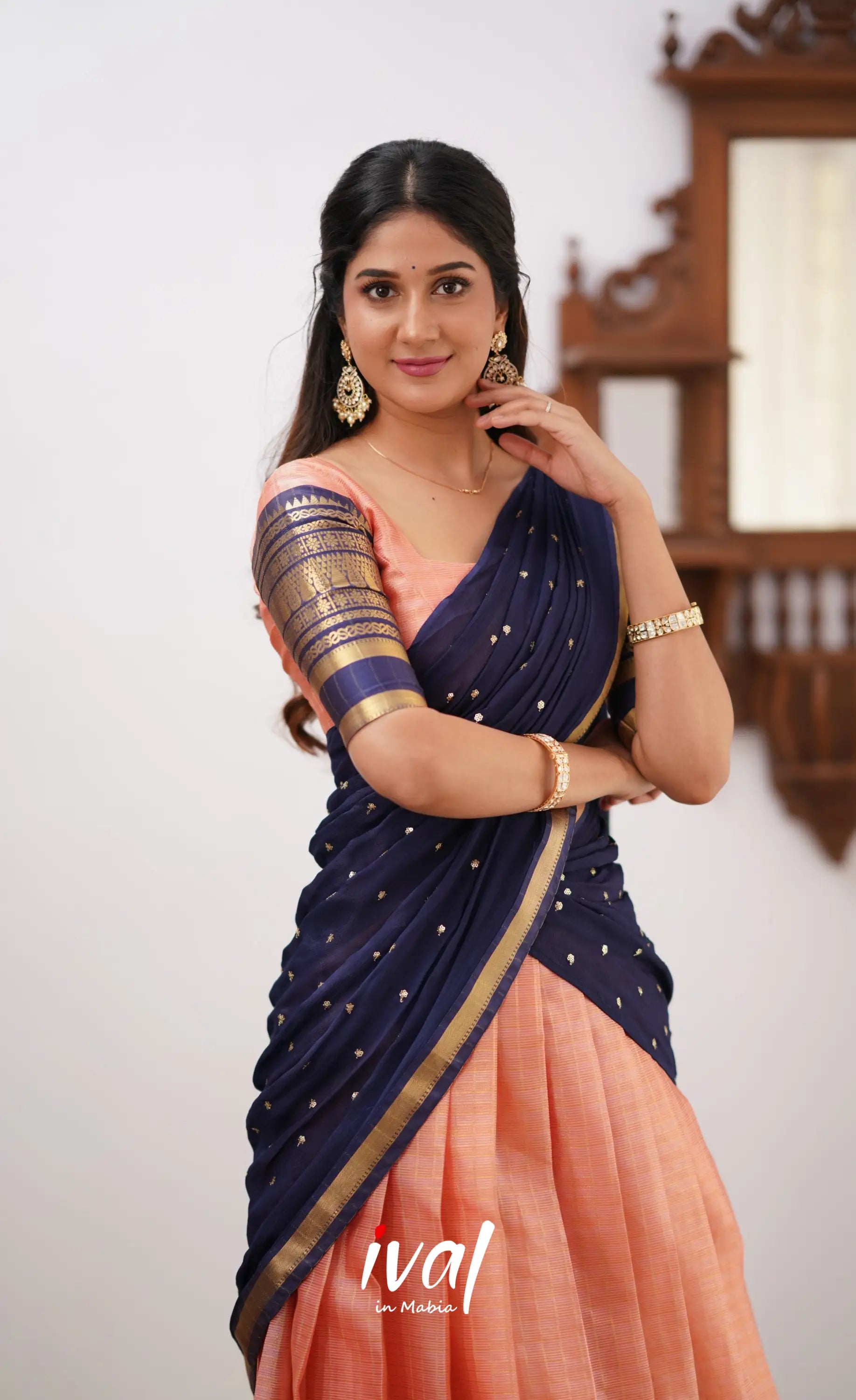 Izhaiyini-Peach And Navy Blue Organza Halfsaree Half Sarees