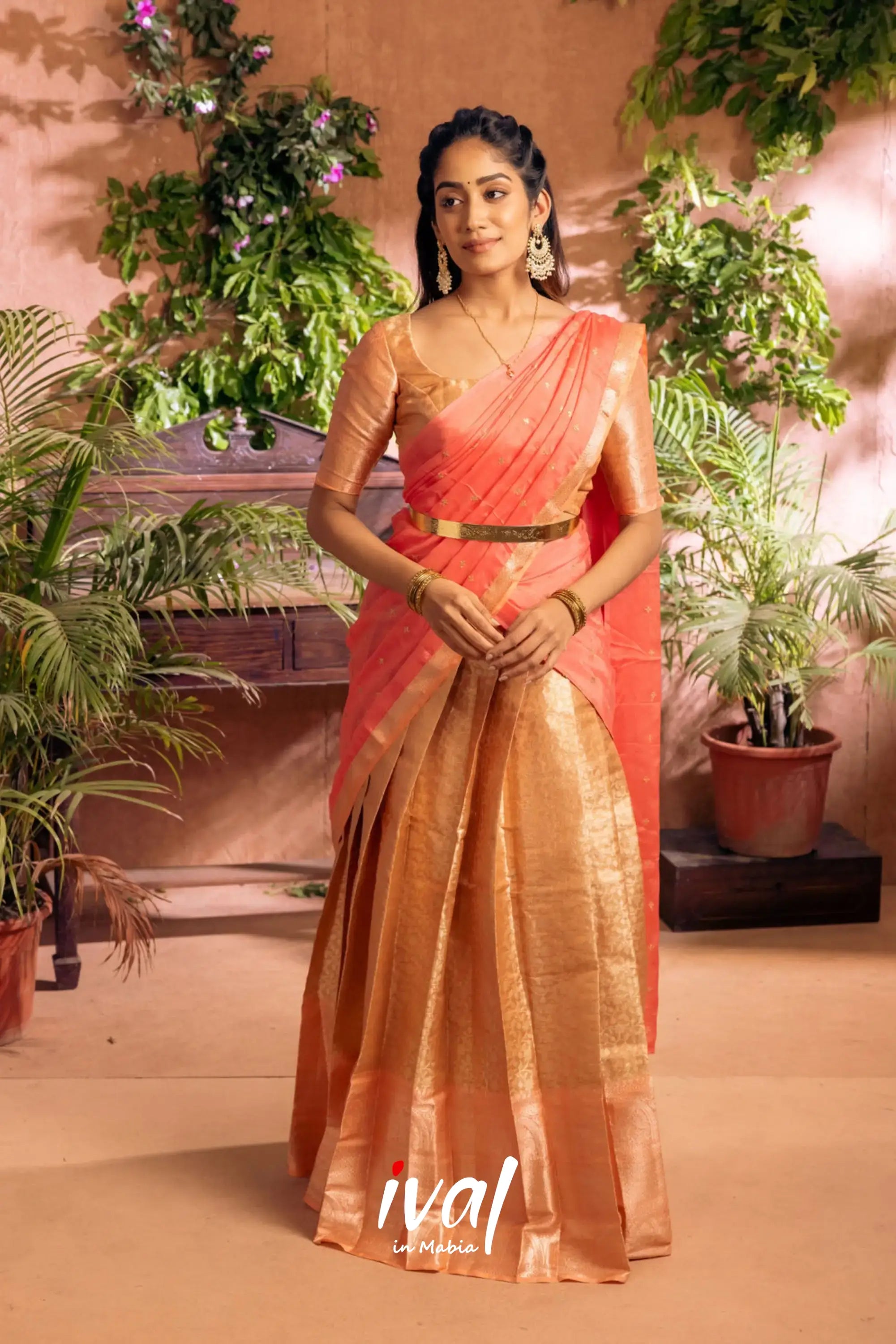 Izhaiyini - Peach Banarasi Tissue Halfsaree Half Sarees