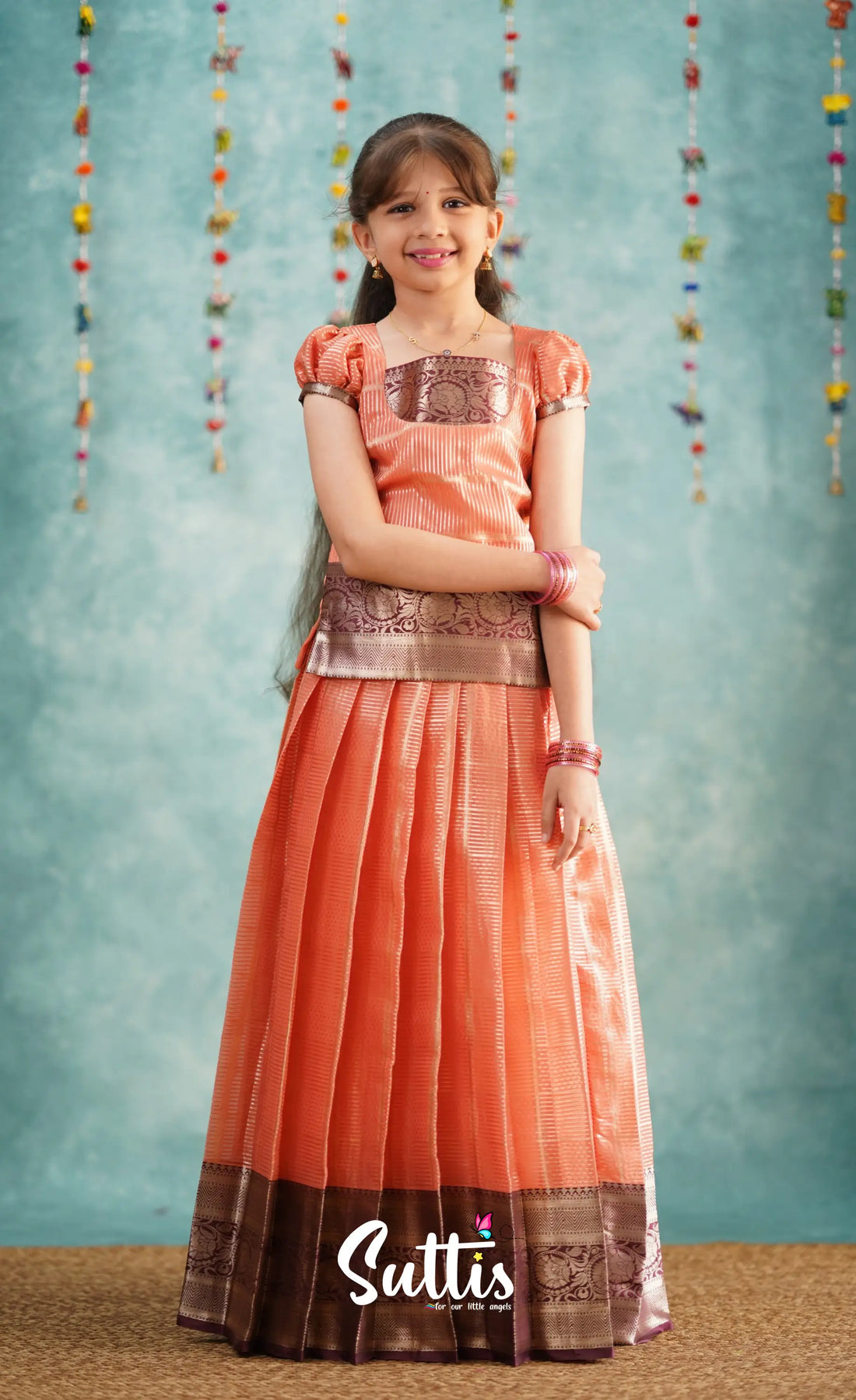 Izhaiyini Peach Shade And Dark Maroon Tone Organza Pavadai Sattai Kids-Suttis