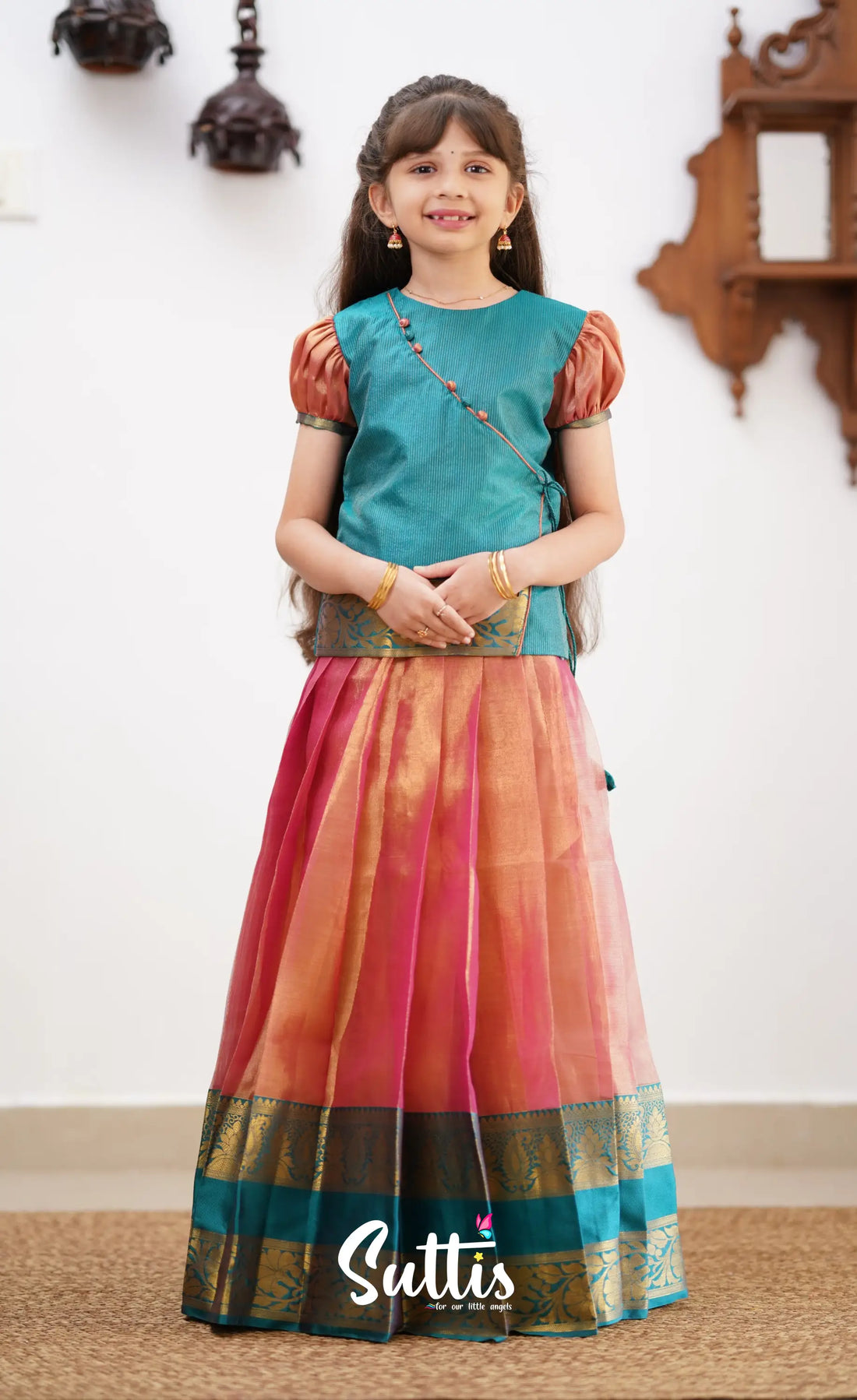 Izhaiyini - Peachish Pink Shade And Teal Blue Tone Organza Pavadai Sattai Kids-Suttis