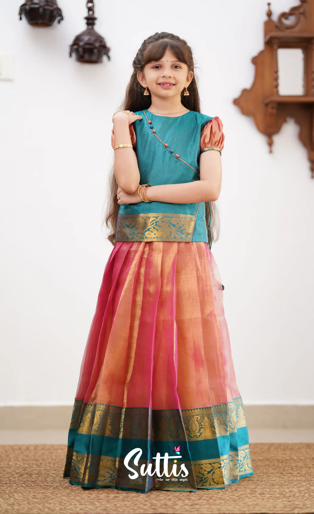 Izhaiyini - Peachish Pink Shade And Teal Blue Tone Organza Pavadai Sattai Kids-Suttis
