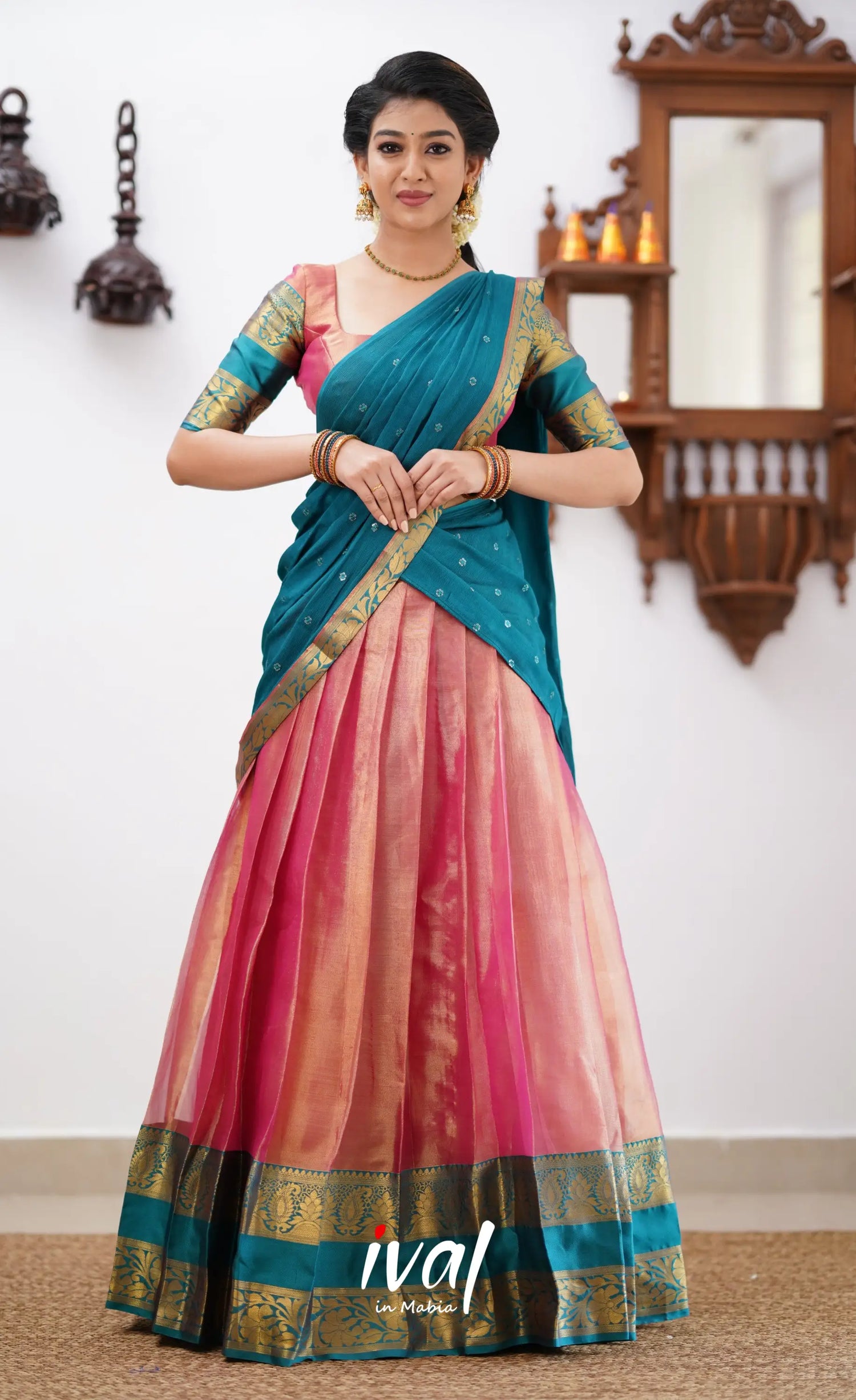 Izhaiyini - Peachish Pink Tone And Shade Of Teal Blue Organza Halfsaree Half Sarees