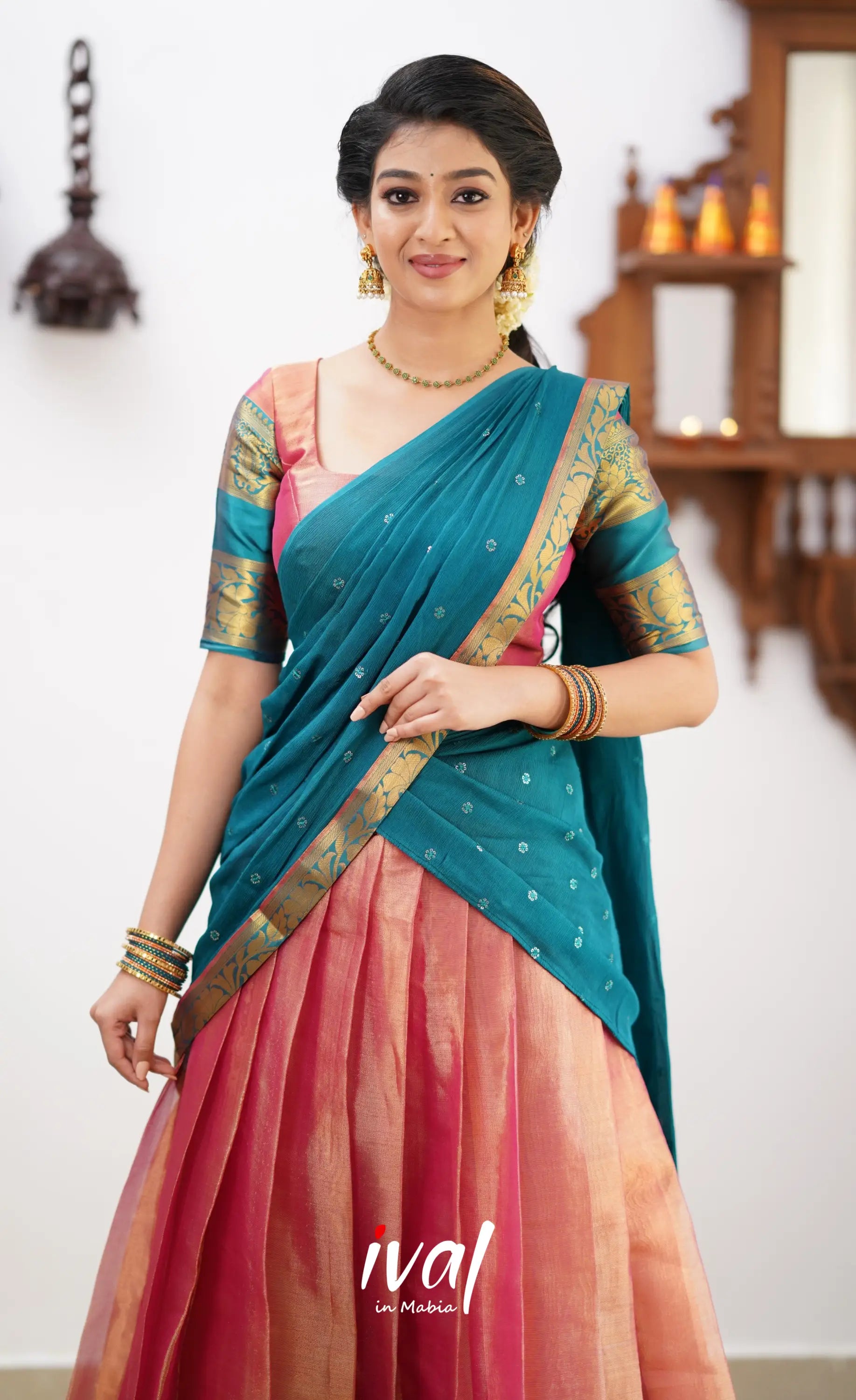 Izhaiyini - Peachish Pink Tone And Shade Of Teal Blue Organza Halfsaree Half Sarees