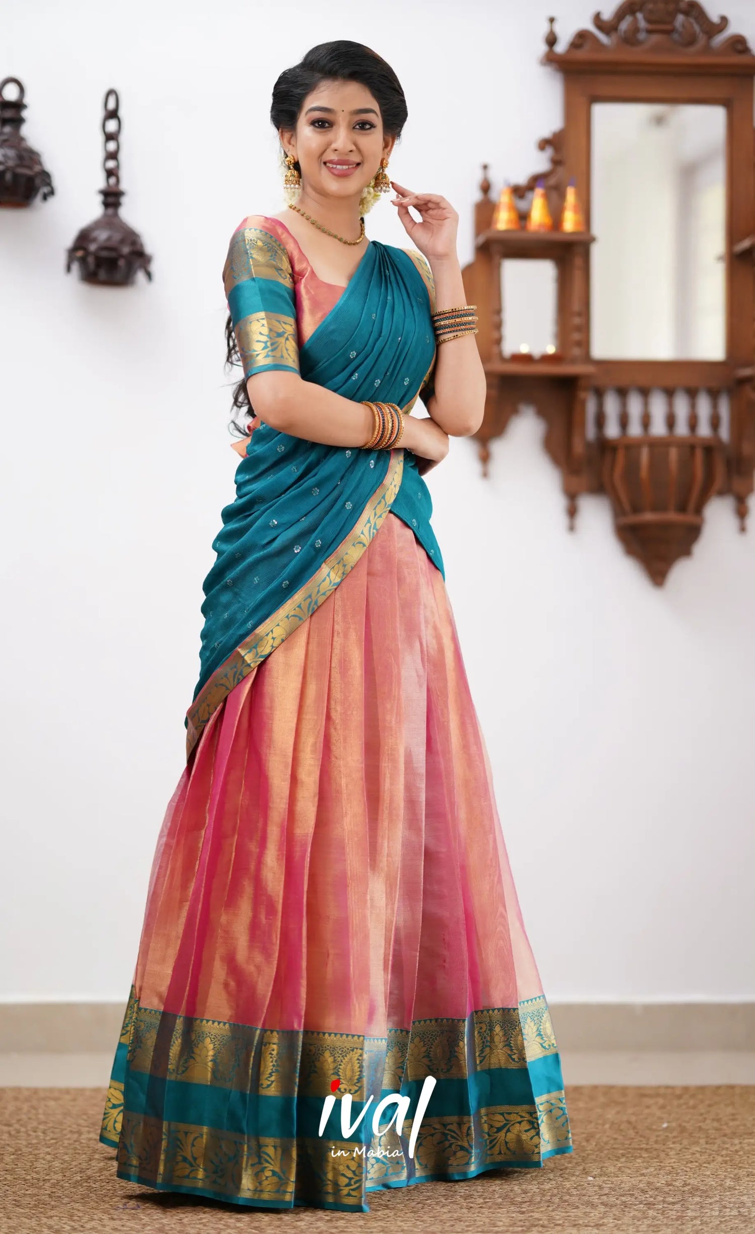 Izhaiyini - Peachish Pink Tone And Shade Of Teal Blue Organza Halfsaree Half Sarees