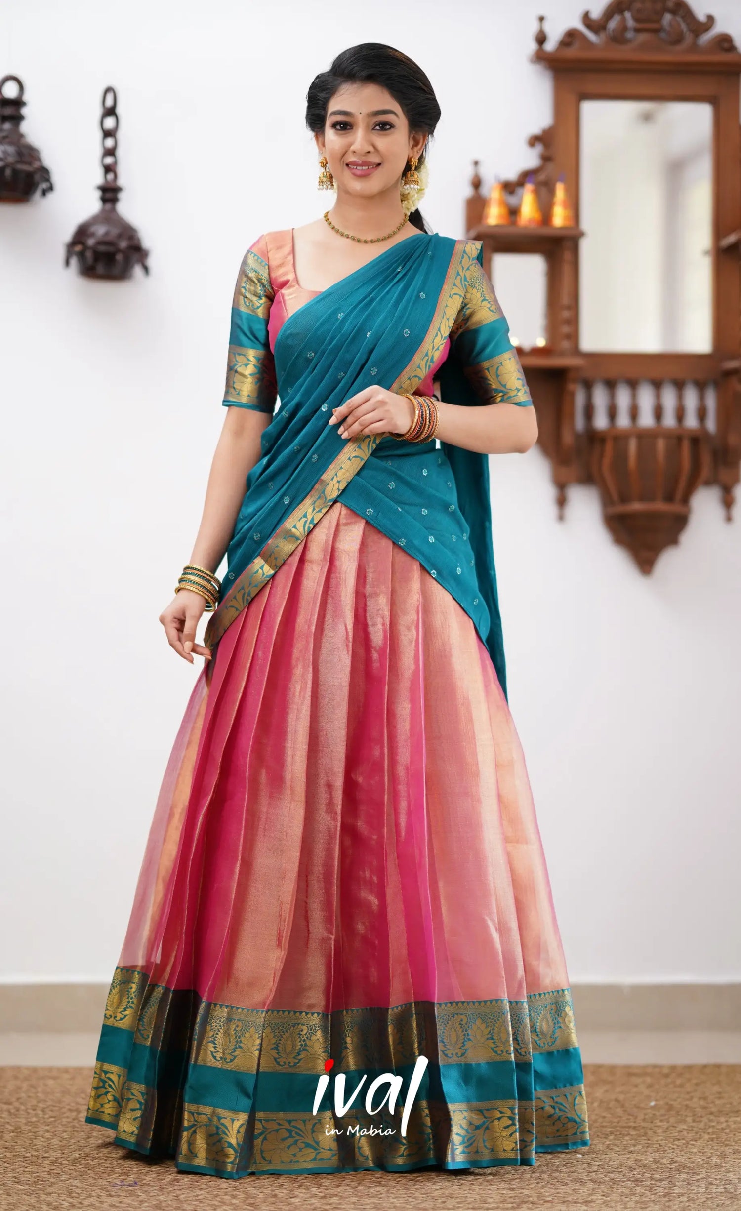 Izhaiyini - Peachish Pink Tone And Shade Of Teal Blue Organza Halfsaree Half Sarees