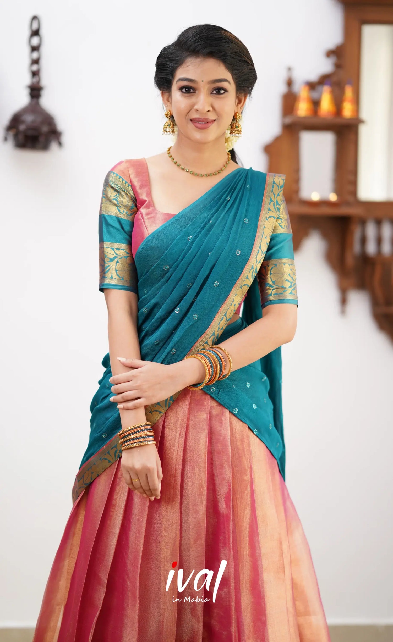 Izhaiyini - Peachish Pink Tone And Shade Of Teal Blue Organza Halfsaree Half Sarees