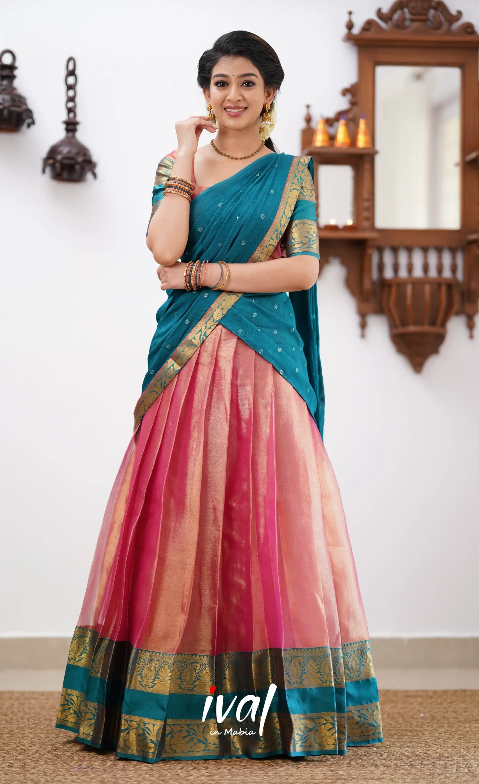 Izhaiyini - Peachish Pink Tone And Shade Of Teal Blue Organza Halfsaree Half Sarees