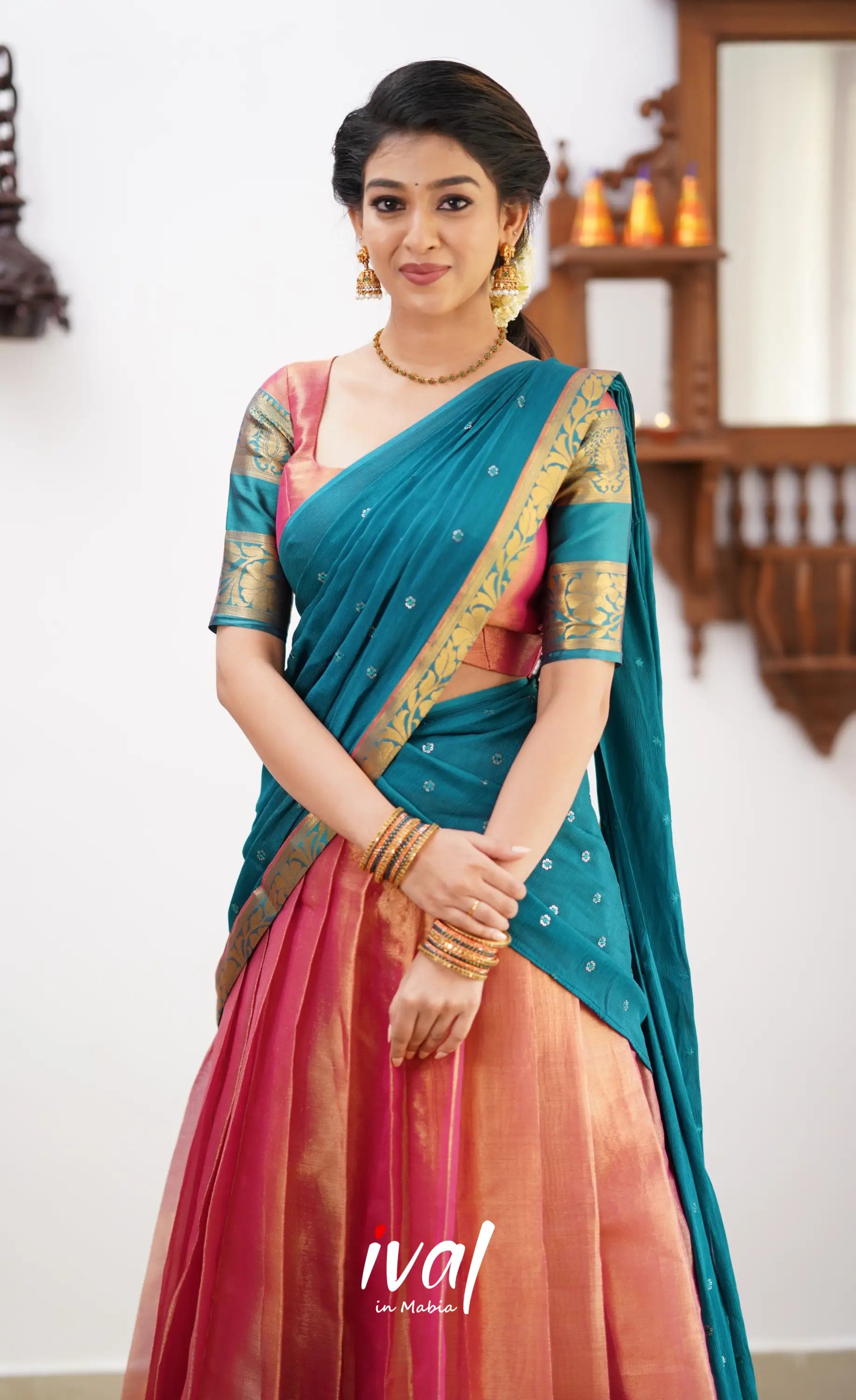 Izhaiyini - Peachish Pink Tone And Shade Of Teal Blue Organza Halfsaree Half Sarees