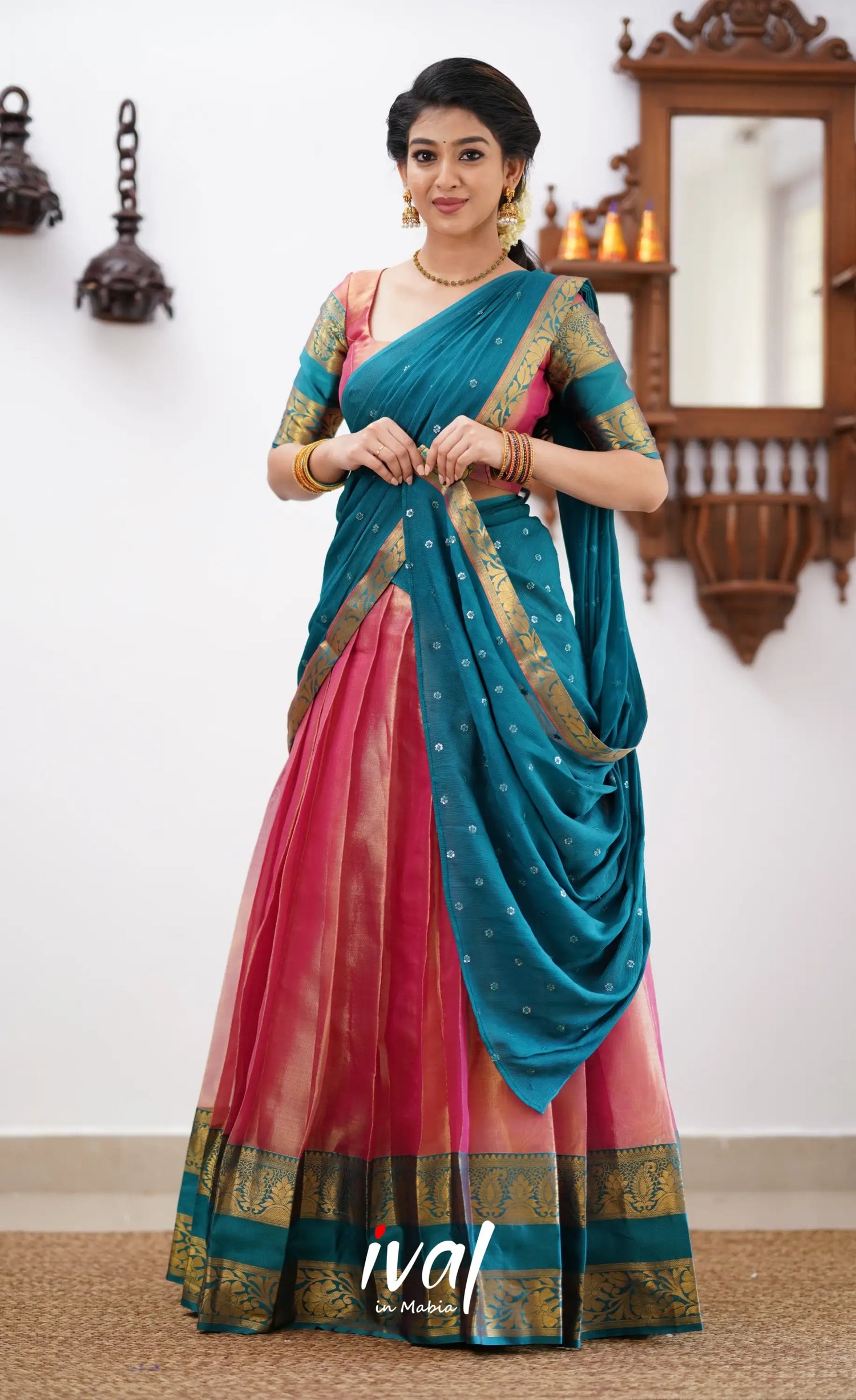 Izhaiyini - Peachish Pink Tone And Shade Of Teal Blue Organza Halfsaree Half Sarees