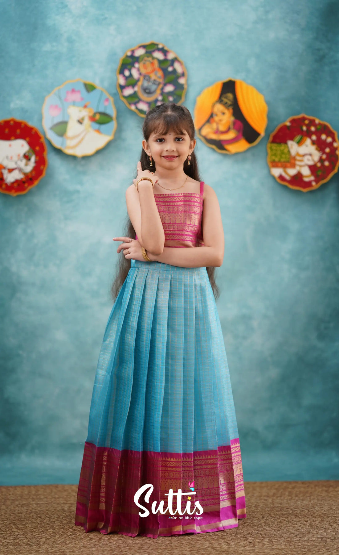 Izhaiyini-Pink And Light Blue Organza Top Skirt Kids-Suttis