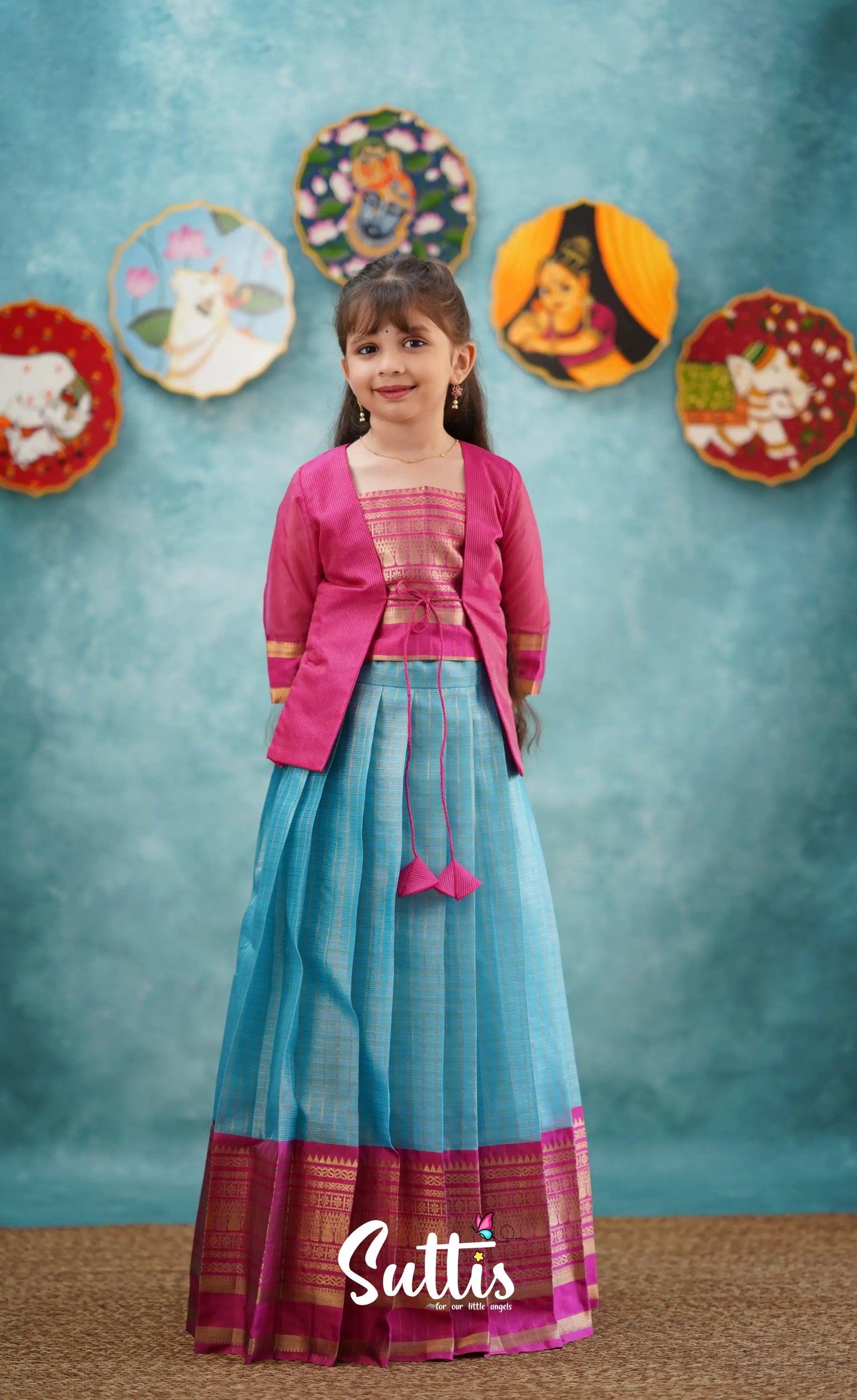 Izhaiyini-Pink And Light Blue Organza Top Skirt Kids-Suttis